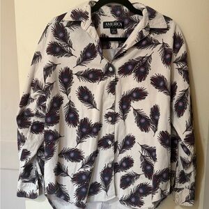 Vintage Peacock Feather Print Button-Up Cotton Shirt - M